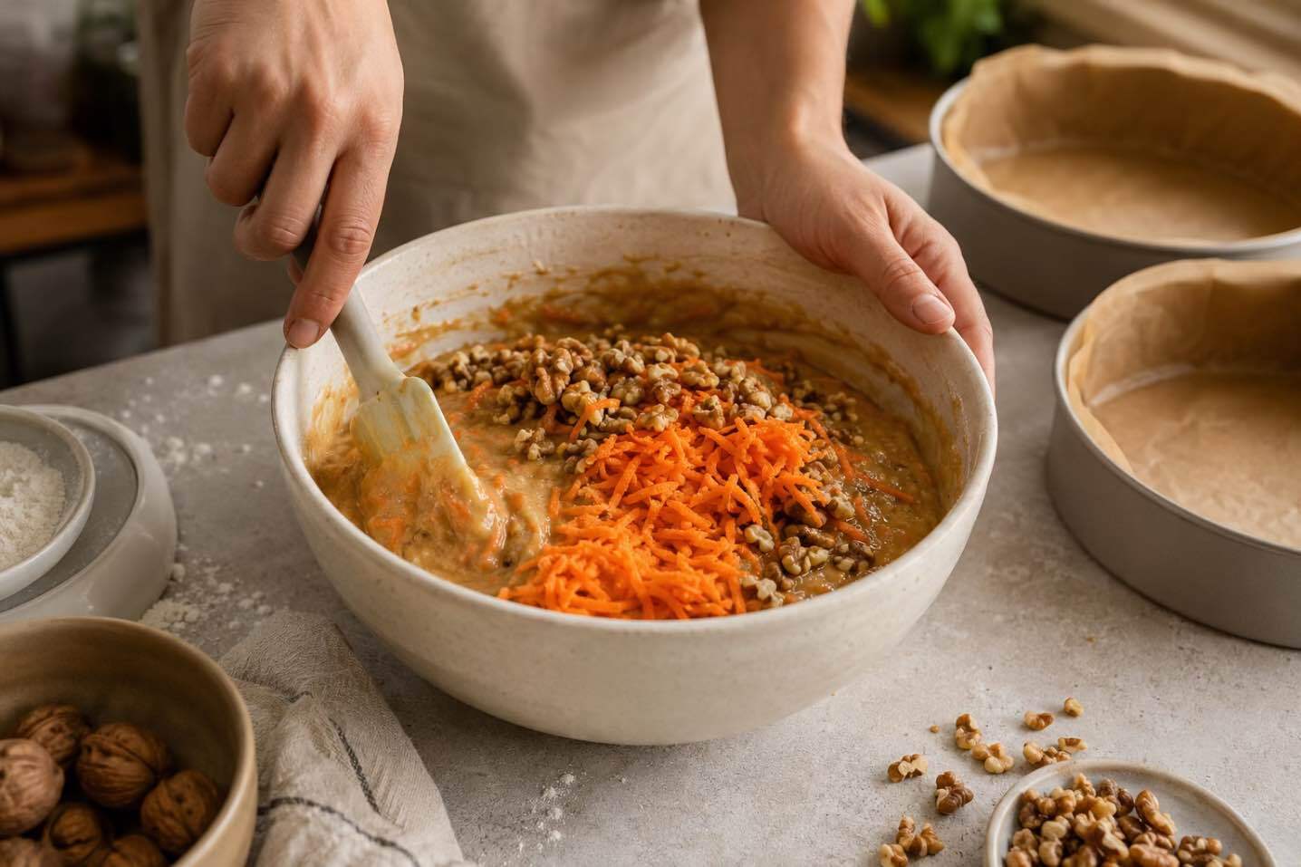 cum se face carrot cake femeie care amesteca ingrediente pentru carrot cake